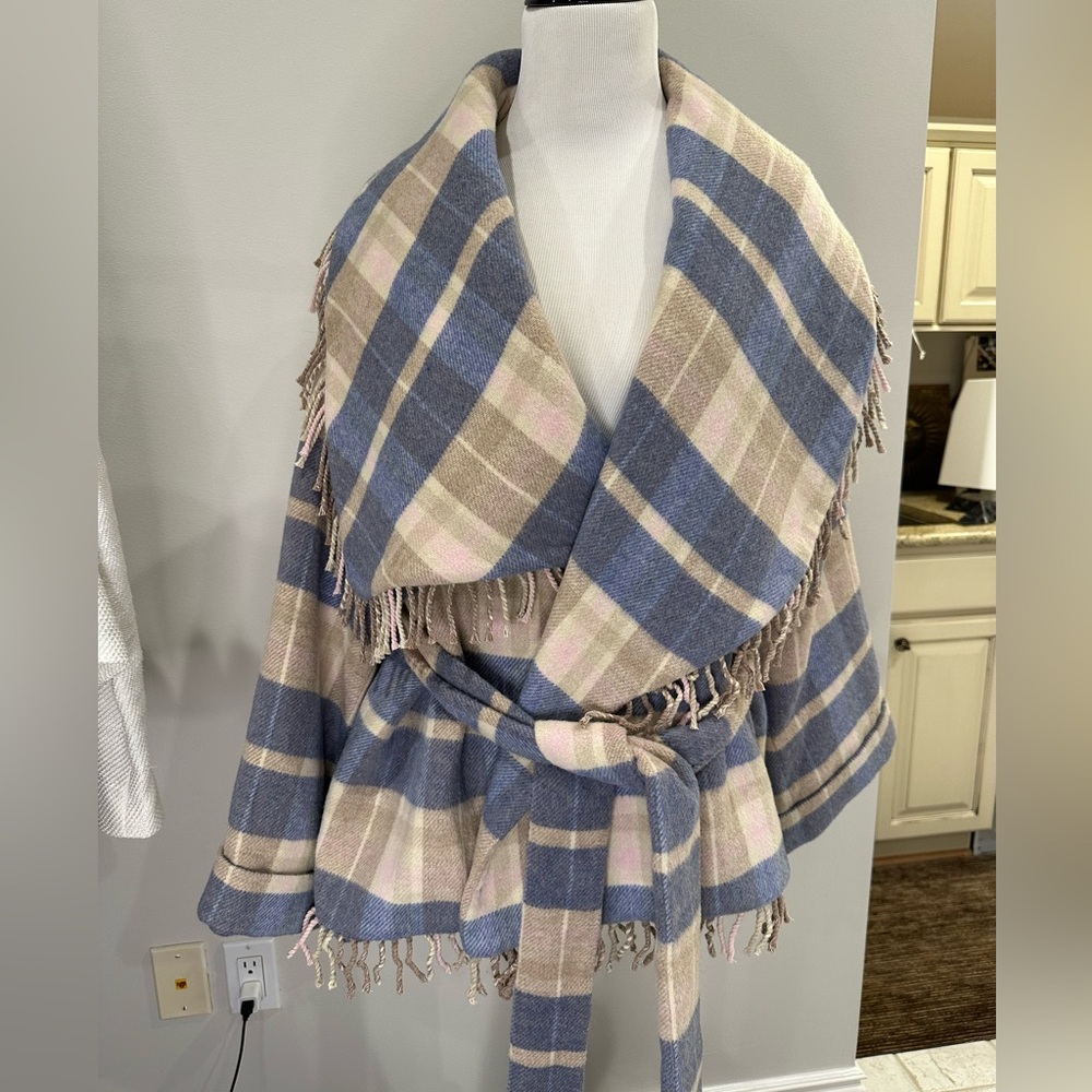 Loveshackfancy Revolve Plaid Wool Checkered Belted Shawl Oversized Coat Jacket S